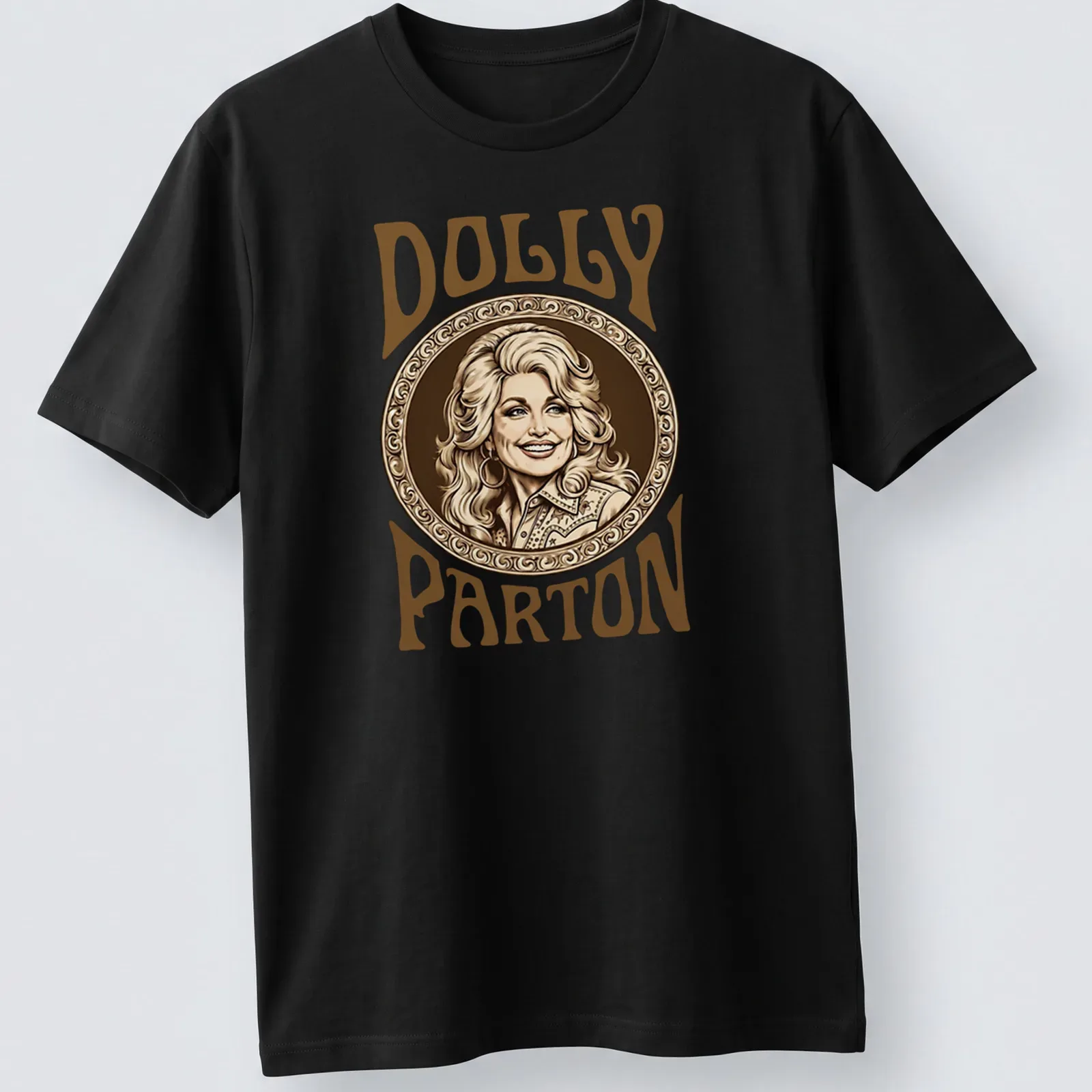 Vintage portrait of Dolly Parton in warm tones with text DOLLY PARTON — printed on a unisex t-shirt