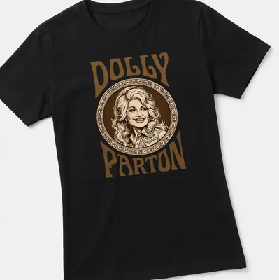 Vintage portrait of Dolly Parton in warm tones with text DOLLY PARTON — printed on a women's shirt