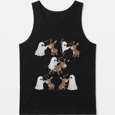Cute cartoon donkey and ghost design with text 'boo-P' for Halloween. — printed on a tank top