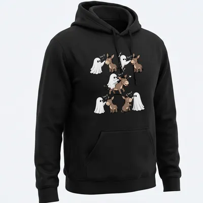 Cute cartoon donkey and ghost design with text 'boo-P' for Halloween. — printed on a unisex hoodie