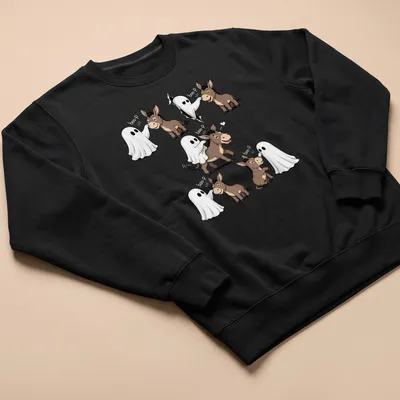 Cute cartoon donkey and ghost design with text 'boo-P' for Halloween. — printed on a unisex sweatshirt