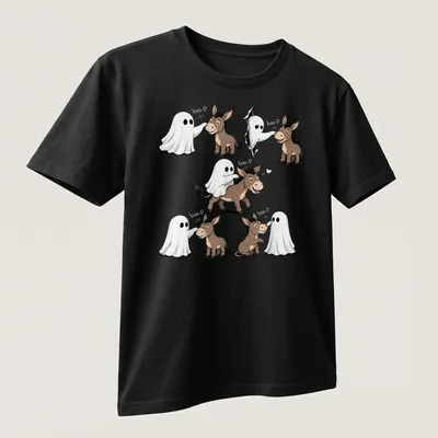 Cute cartoon donkey and ghost design with text 'boo-P' for Halloween. — printed on a unisex t-shirt (angled view)