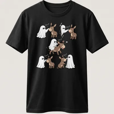 Cute cartoon donkey and ghost design with text 'boo-P' for Halloween.