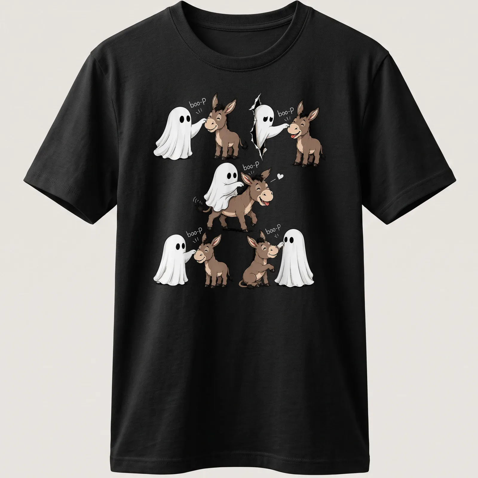 Cute cartoon donkey and ghost design with text 'boo-P' for Halloween. — printed on a unisex t-shirt