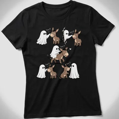 Cute cartoon donkey and ghost design with text 'boo-P' for Halloween. — printed on a women's shirt