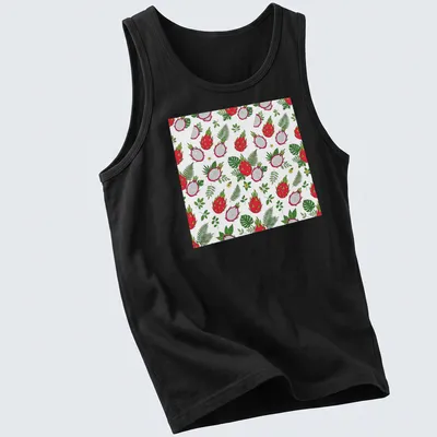 Seamless pattern t-shirt featuring vibrant dragon fruit in red, green, and yellow — printed on a tank top