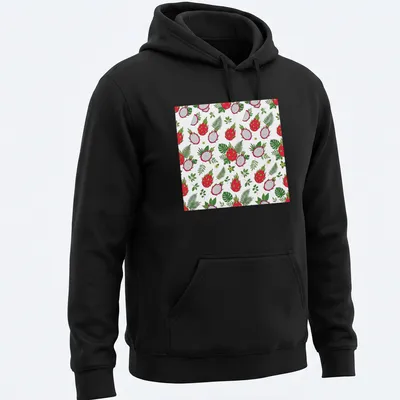 Seamless pattern t-shirt featuring vibrant dragon fruit in red, green, and yellow — printed on a unisex hoodie