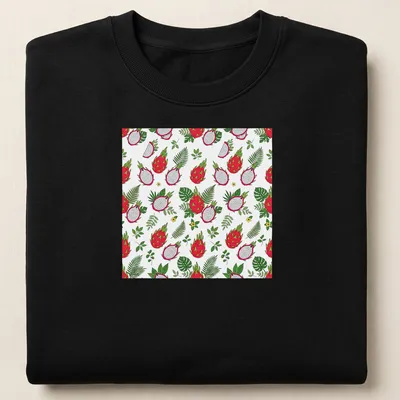 Seamless pattern t-shirt featuring vibrant dragon fruit in red, green, and yellow — printed on a unisex sweatshirt