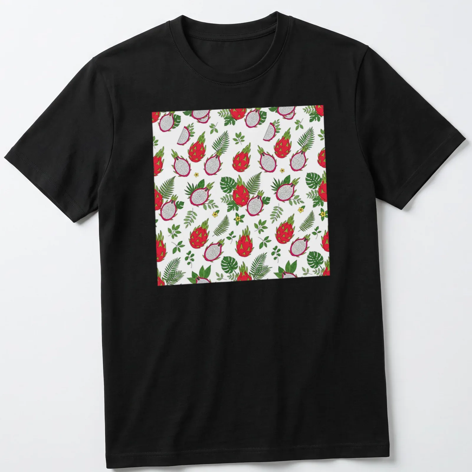 Seamless pattern t-shirt featuring vibrant dragon fruit in red, green, and yellow — printed on a unisex t-shirt