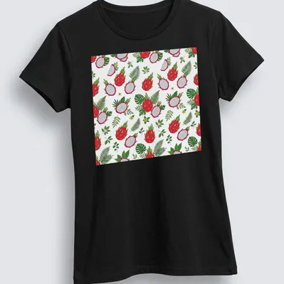 Seamless pattern t-shirt featuring vibrant dragon fruit in red, green, and yellow — printed on a women's shirt