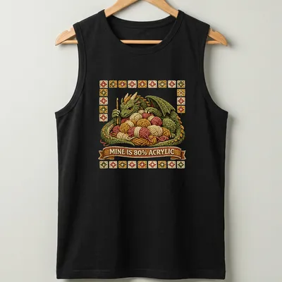 Illustration of a mischievous dragon tangled in colorful yarn with embroidered texture — printed on a tank top