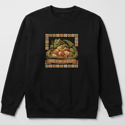 Illustration of a mischievous dragon tangled in colorful yarn with embroidered texture — printed on a unisex sweatshirt
