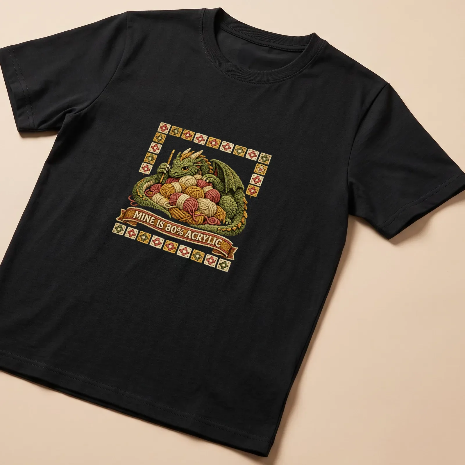Illustration of a mischievous dragon tangled in colorful yarn with embroidered texture — printed on a unisex t-shirt