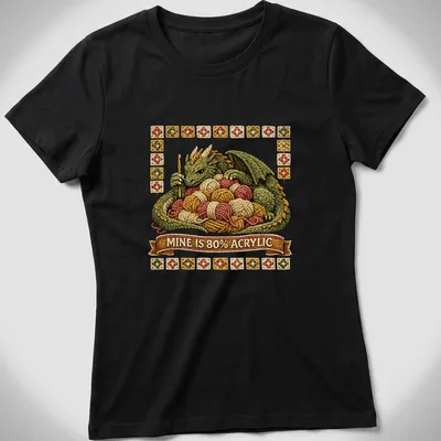 Illustration of a mischievous dragon tangled in colorful yarn with embroidered texture — printed on a women's shirt