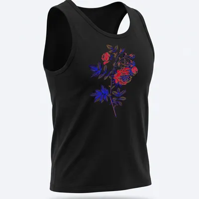 Dramatic rose illustration in red, blue, green, and black on — printed on a tank top