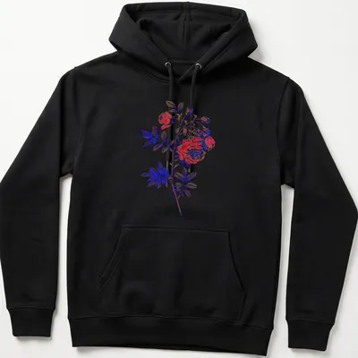 Dramatic rose illustration in red, blue, green, and black on — printed on a unisex hoodie