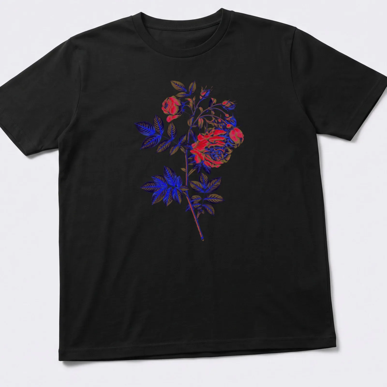 Dramatic rose illustration in red, blue, green, and black on — printed on a unisex t-shirt