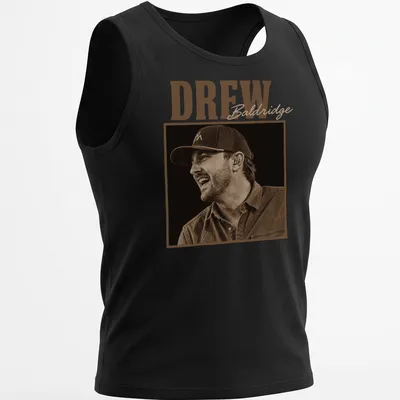Sepia-toned T-shirt featuring Drew Baldridge in vintage style. — printed on a tank top