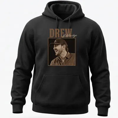 Sepia-toned T-shirt featuring Drew Baldridge in vintage style. — printed on a unisex hoodie