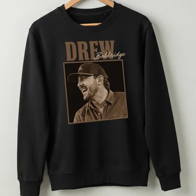 Sepia-toned T-shirt featuring Drew Baldridge in vintage style. — printed on a unisex sweatshirt