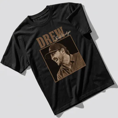 Sepia-toned T-shirt featuring Drew Baldridge in vintage style.