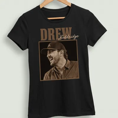 Sepia-toned T-shirt featuring Drew Baldridge in vintage style. — printed on a women's shirt
