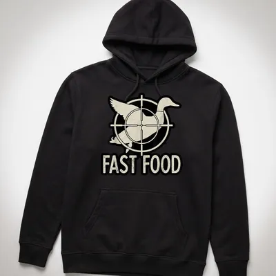 Vintage distressed Duck Hunter t-shirt featuring the text FAST FOOD with a cartoon duck — printed on a unisex hoodie