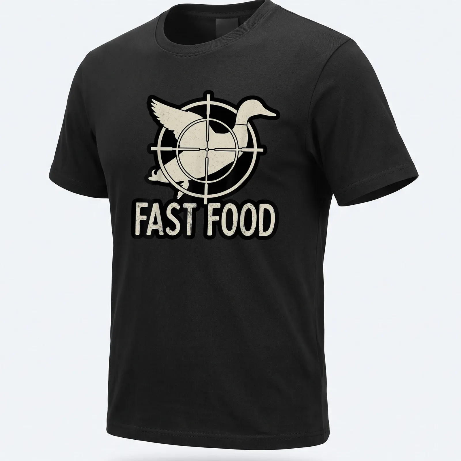 Vintage distressed Duck Hunter t-shirt featuring the text FAST FOOD with a cartoon duck — printed on a unisex t-shirt