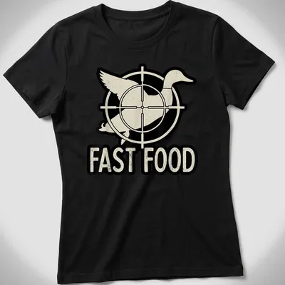Vintage distressed Duck Hunter t-shirt featuring the text FAST FOOD with a cartoon duck — printed on a women's shirt