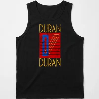 Retro distressed Duran Duran logo t-shirt in red, blue, yellow, and white — printed on a tank top