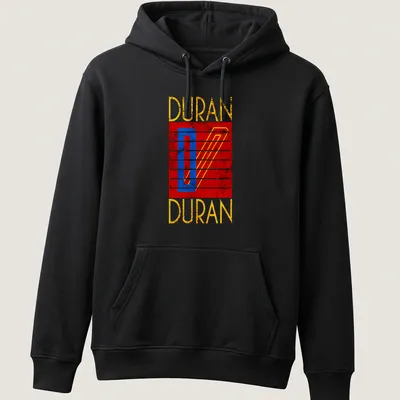 Retro distressed Duran Duran logo t-shirt in red, blue, yellow, and white — printed on a unisex hoodie