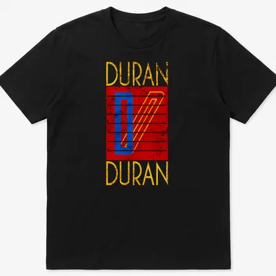 Retro distressed Duran Duran logo t-shirt in red, blue, yellow, and white — printed on a unisex t-shirt