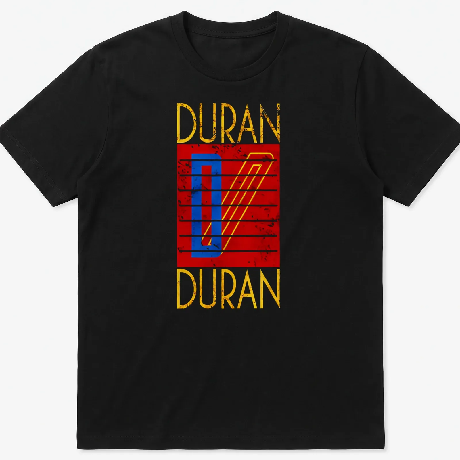 Retro distressed Duran Duran logo t-shirt in red, blue, yellow, and white — printed on a unisex t-shirt