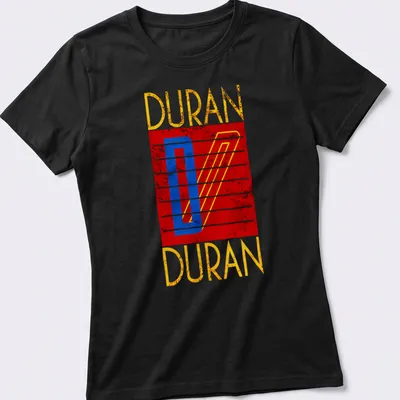 Retro distressed Duran Duran logo t-shirt in red, blue, yellow, and white — printed on a women's shirt