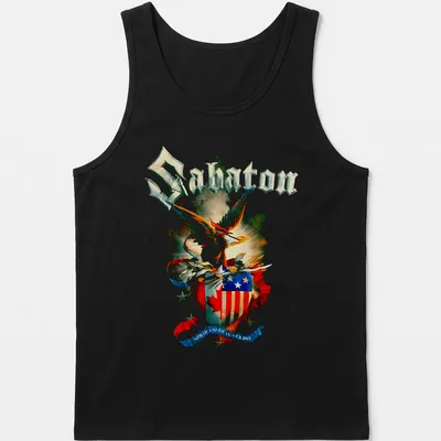 Watercolor T-shirt featuring an eagle crest shield and Sabaton North American Tour text — printed on a tank top
