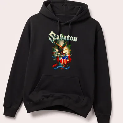 Watercolor T-shirt featuring an eagle crest shield and Sabaton North American Tour text — printed on a unisex hoodie