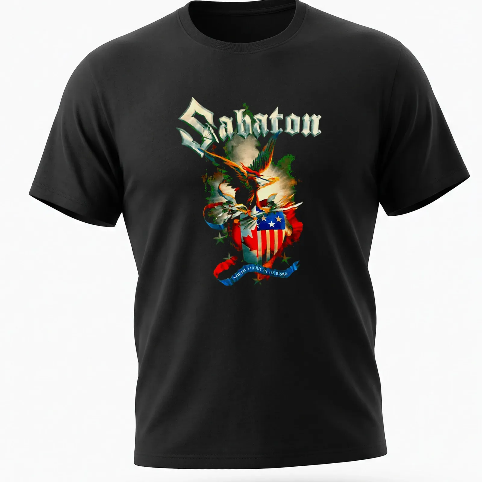Watercolor T-shirt featuring an eagle crest shield and Sabaton North American Tour text — printed on a unisex t-shirt