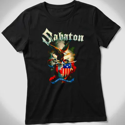 Watercolor T-shirt featuring an eagle crest shield and Sabaton North American Tour text — printed on a women's shirt