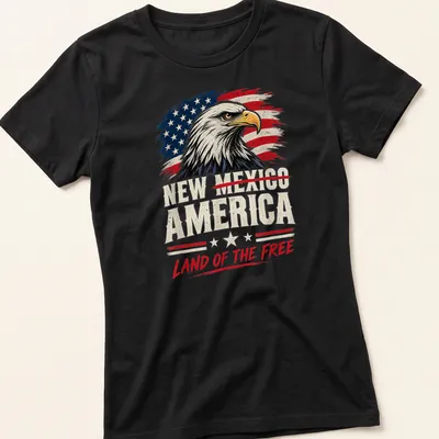 Vintage distressed T-shirt featuring an eagle and patriotic text about New Mexico. — printed on a women's shirt