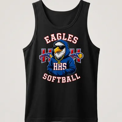 Cartoon eagle mascot with Eagles Softball text in bold colors — printed on a tank top