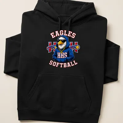 Cartoon eagle mascot with Eagles Softball text in bold colors — printed on a unisex hoodie