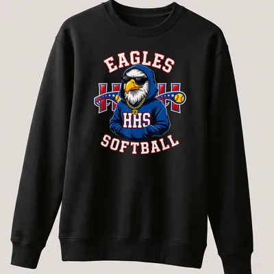 Cartoon eagle mascot with Eagles Softball text in bold colors — printed on a unisex sweatshirt