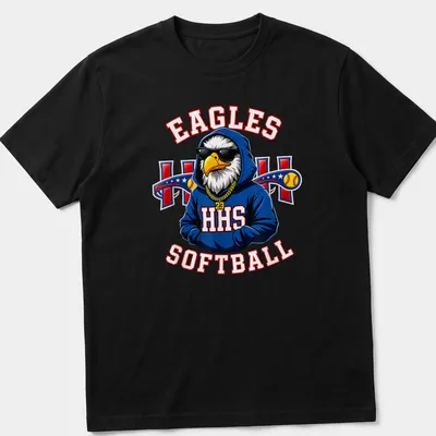 Cartoon eagle mascot with Eagles Softball text in bold colors