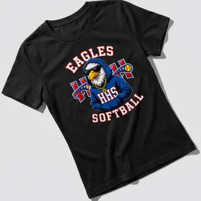 Cartoon eagle mascot with Eagles Softball text in bold colors — printed on a women's shirt