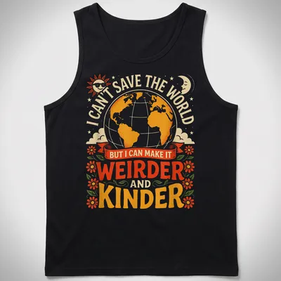 Vintage playful tee featuring a colorful earth globe and a humorous quote about kindness — printed on a tank top