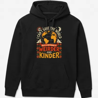 Vintage playful tee featuring a colorful earth globe and a humorous quote about kindness — printed on a unisex hoodie