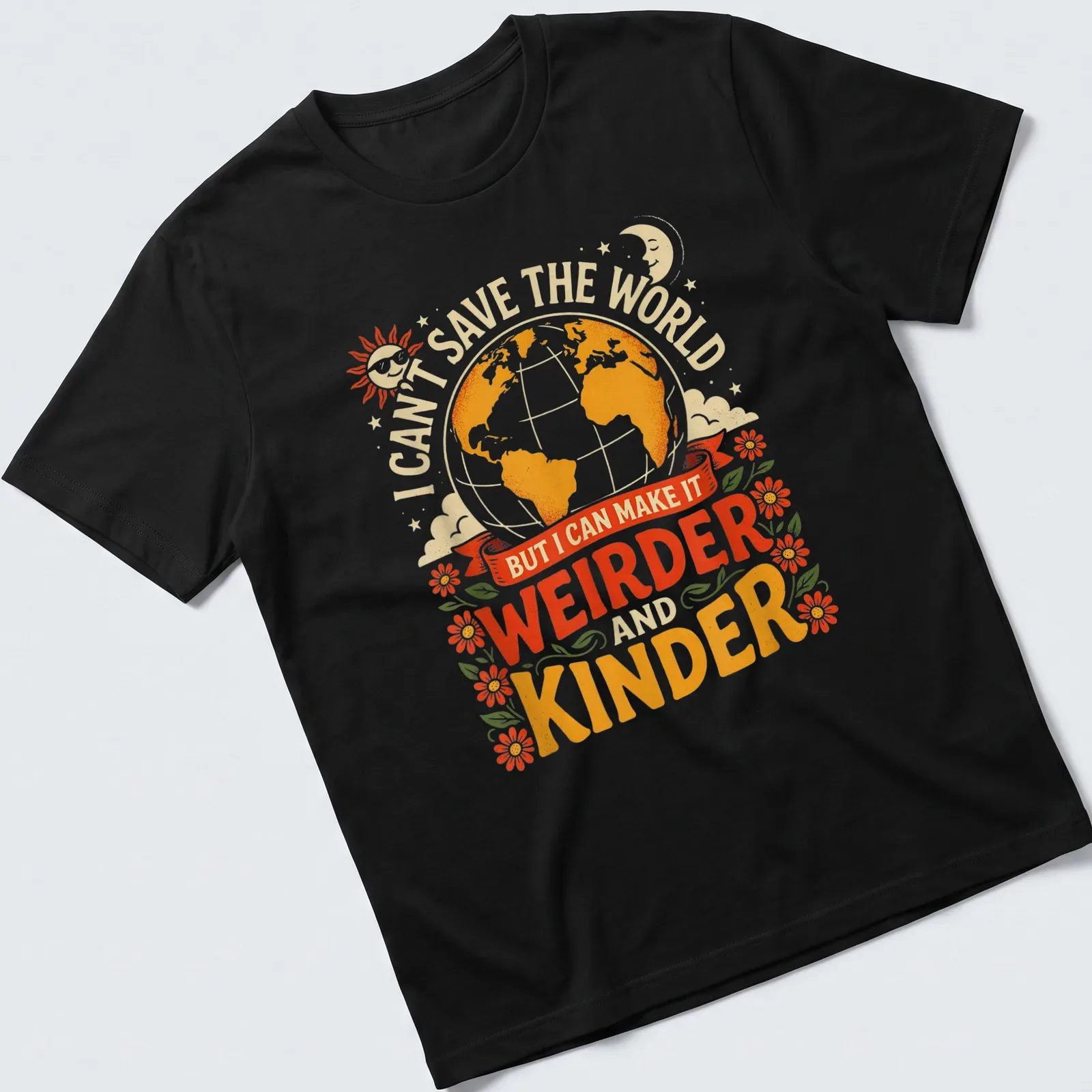 Vintage playful tee featuring a colorful earth globe and a humorous quote about kindness — printed on a unisex t-shirt