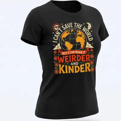 Vintage playful tee featuring a colorful earth globe and a humorous quote about kindness — printed on a women's shirt