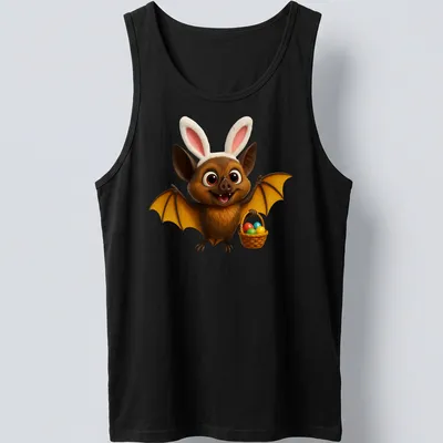 Cartoon bat with a basket of colorful Easter eggs in a playful design — printed on a tank top