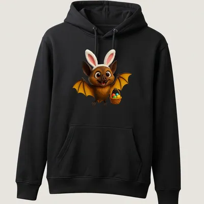 Cartoon bat with a basket of colorful Easter eggs in a playful design — printed on a unisex hoodie